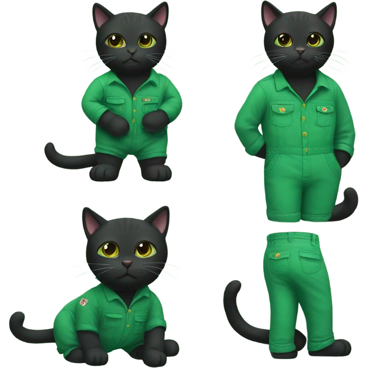 Black cat wearing green overalls with a button missing  emoji