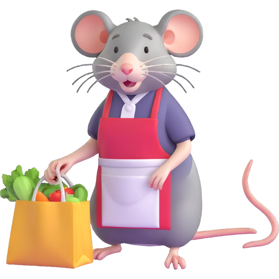 tired rat wearing apron bagging groceries emoji