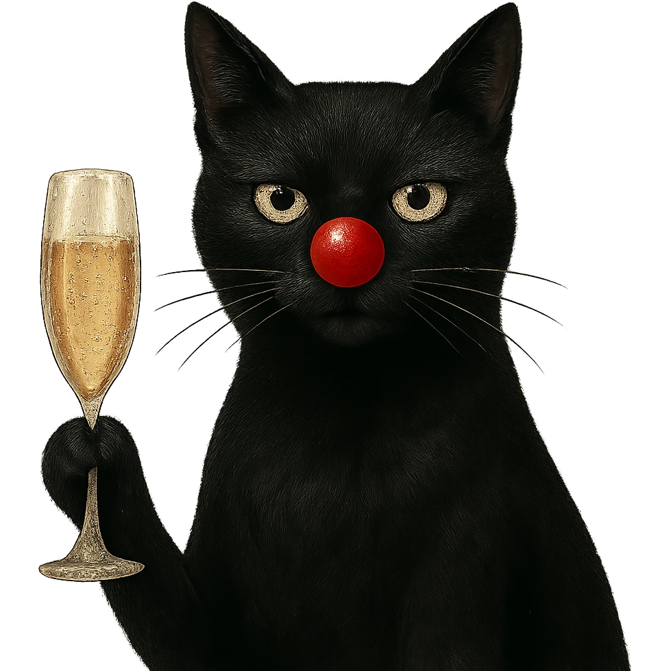 black cat with a red clown nose holding a glass of champagne, elegant and whimsical emoji