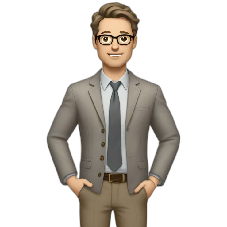 Full height Gesticulating Pale skinned fit man with dark brown hair in gray jacket, beige office shirt, brown tie, brown pants and vintage glasses. emoji