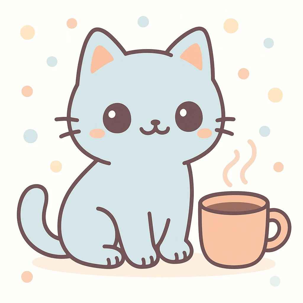 a relaxed cat sitting with a steaming coffee cup, kawaii style emoji