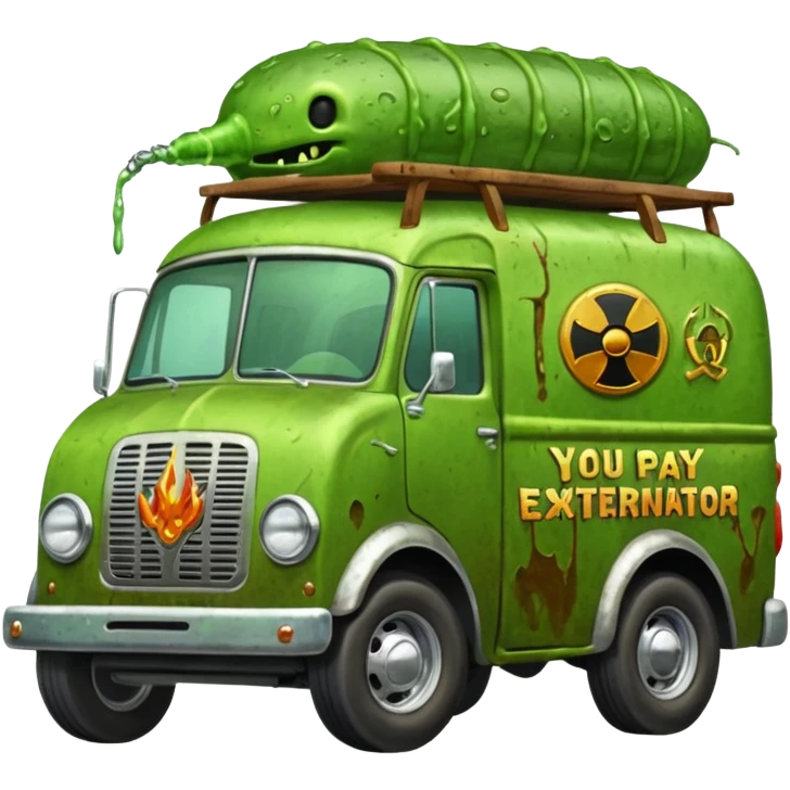 Heroic  SuperBug Ron’s slime-oozing exterminator antique tall moving van hot rod(motto: You pay now!) emoji