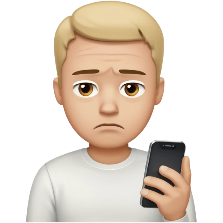 A sad-looking cartoon man holding a smartphone, staring at the screen with worried eyes and a frown, wearing a white shirt. emoji