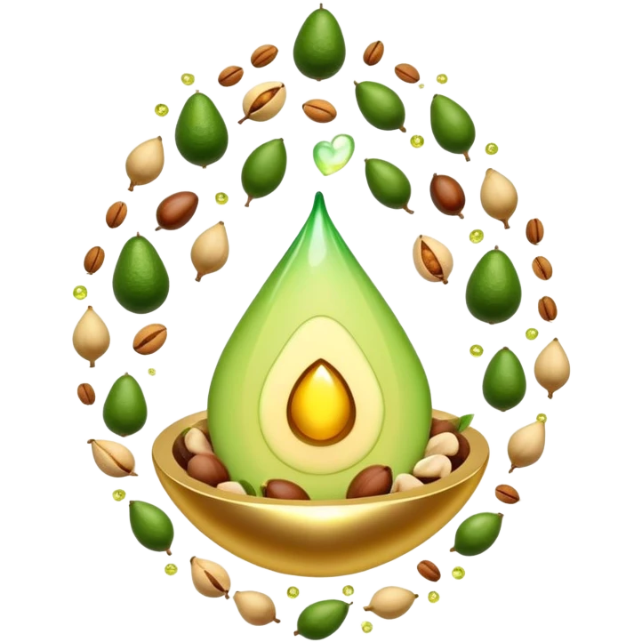 Floating aura in the shape of a golden and jade green drop, with bright icons of avocado, nuts, olive oil and ethereal fish spinning in a circle, surrounding a warm heart and illuminated brain, wrapped in a soft glow of protection and stable energy emoji