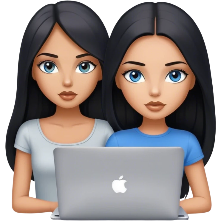 Glamours tanned very beautiful girl with pump nude lips and black straight smooth long hair, blue-grey eyes in top with one MacBook. emoji