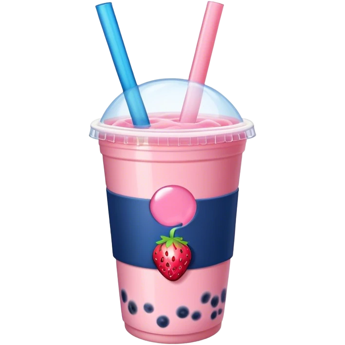Pink Bubble tea with strawberry and with dark blue logo on the butter “BUBBLE” emoji