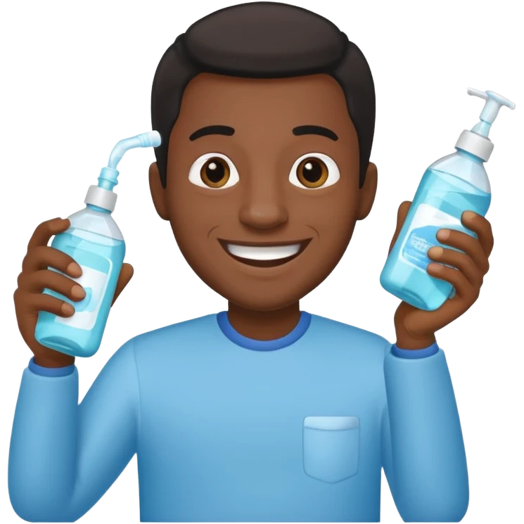 Apple emoji style, Black man grinning and presenting a bottle of mouthwash emoji