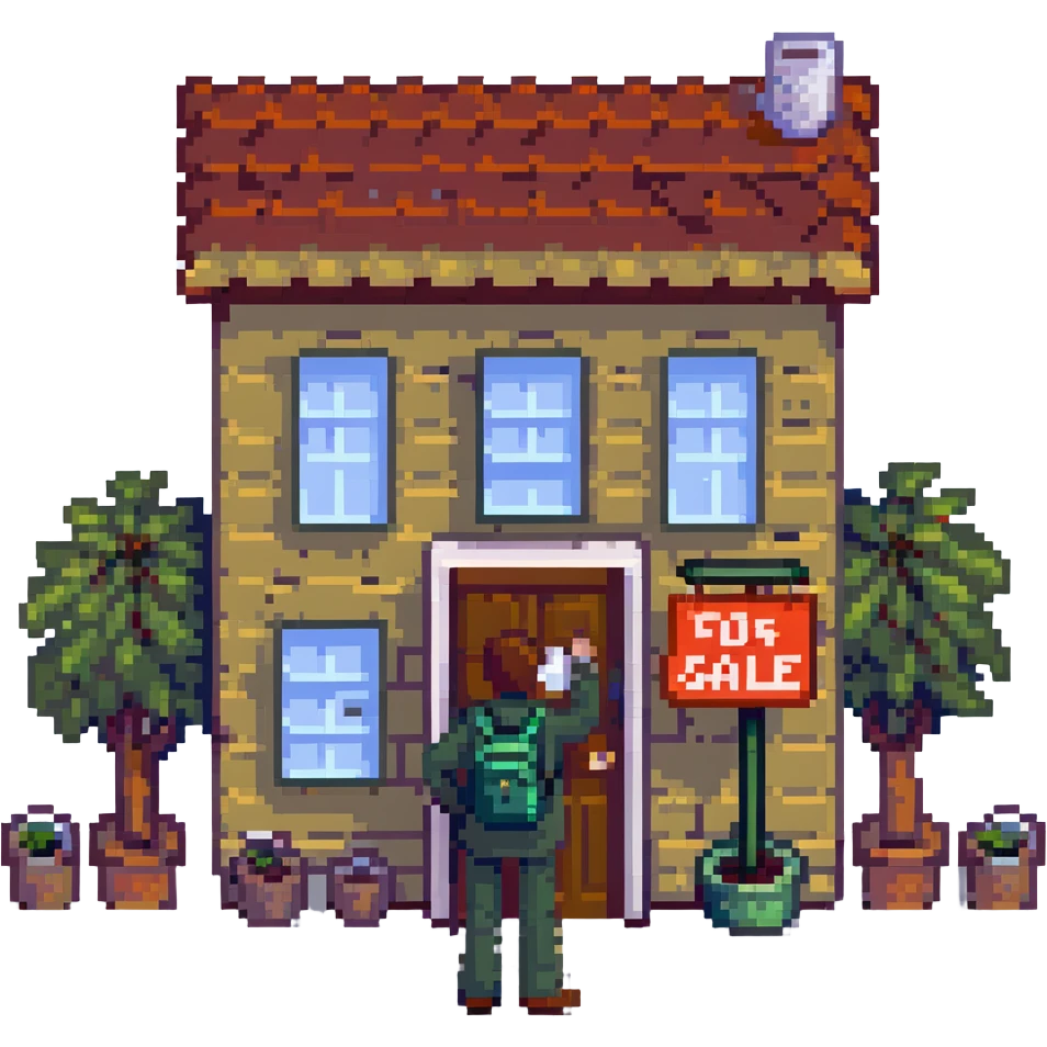person standing in front of a house with a for sale sign emoji