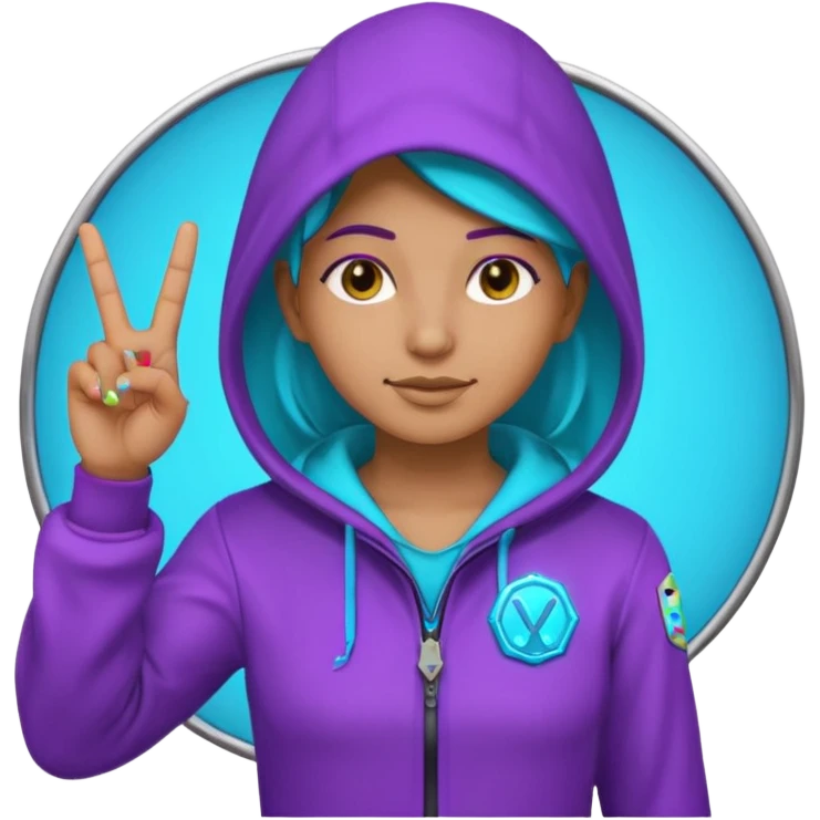 Hooded Vault Pioneer saluting with two fingers, neon purple-cyan glow, badge on chest, emoji style emoji