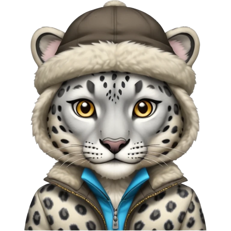 снежный барс - символ Кыргызстана.  я хочу получить картину как снежный барс выглядит как человек и он одет на головной убор калпак ка на картинке а также на чепкен (куртка) и смотрел прямо. с прозрачным фоном emoji