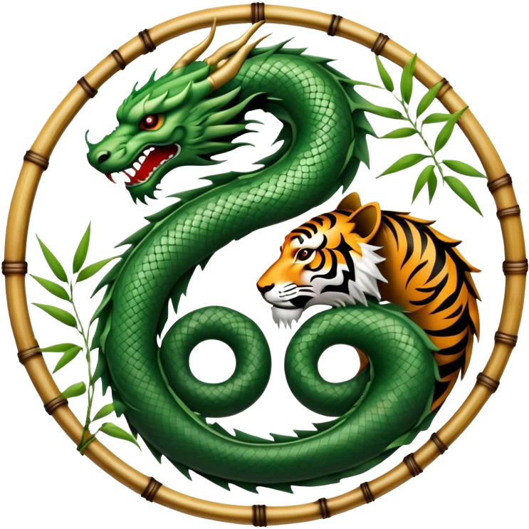 An icon symbolizing Eastern martial arts in the style of an emblem, with a black-and-white Yin-Yang symbol at the center. A dragon and a tiger are placed on either side, representing strength and wisdom. The design includes bamboo and traditional elements. Transparent background emoji
