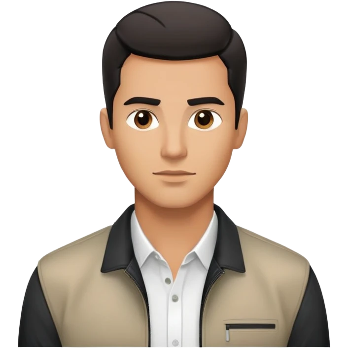 Handsome athletic Hispanic man with tan complexion, short black straight hair combed back with faded sides, square masculine face with defined jawline, neutral-friendly TV presenter expression, black jacket and white button-up shirt emoji