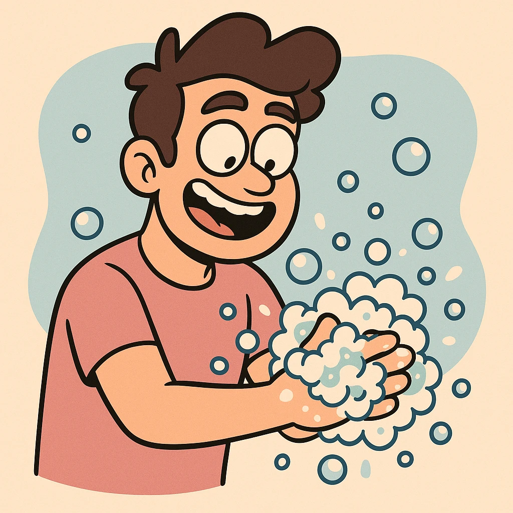 clear and simple illustration of hand washing with bubbles emoji
