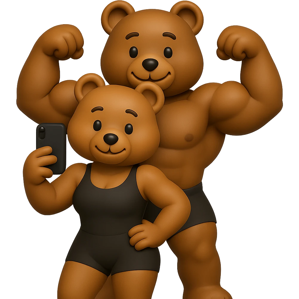 Create two muscle bears in a natural athletic bodybuilder shape, one female in front and one male behind doing a double biceps pose. They should be fit and strong, not too fat or overly muscular, affectionate and cute. The style should mimic the exact 3D apple emoji style with no background. Use the references for pose and style inspiration. emoji