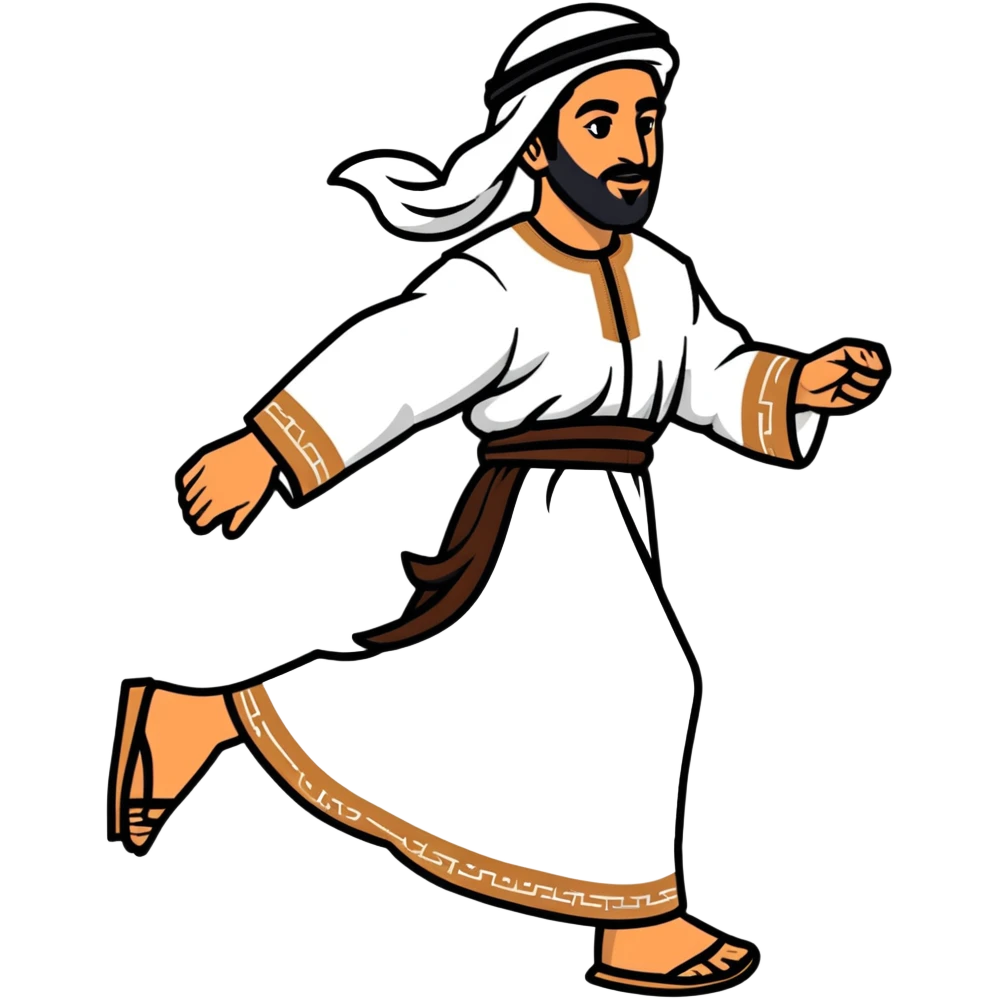 Arab man walking confidently in traditional clothing, side view, mid-stride emoji