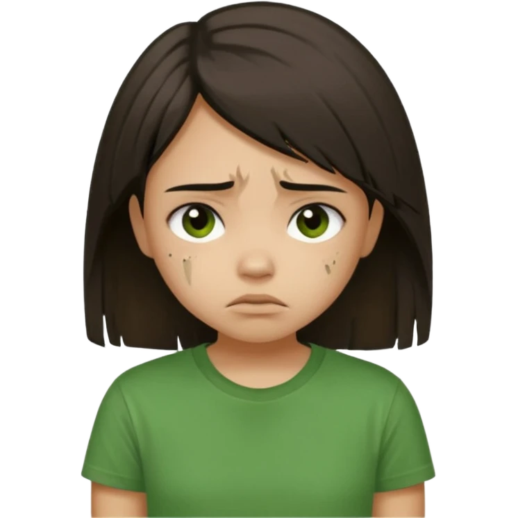 Young girl with straight, dark, damaged, and unkempt hair, wearing a green T-shirt, with a sad and discouraged expression. emoji