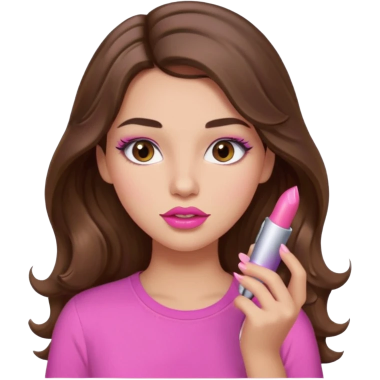 girl with long wavy brown hair, brown eyes, light to medium complexion, in a pink shirt, pink lips, long lashes, puckered lips, putting on lipstick emoji