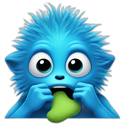 blue fuzzy alien covers mouth with finger emoji
