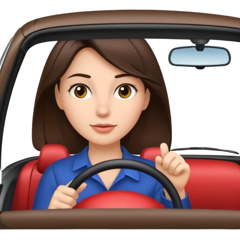 Brunette woman driving car like crazy. NewHappy face confidence  emoji