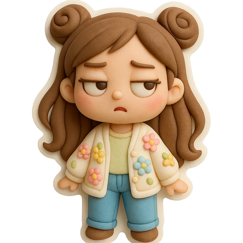 3D chibi girl in fondant cake art style, high-quality rendering with smooth shadows and soft gradients, long brown hair in two space buns, brown eyes, jeans, pastel floral cardigan, thick white outline like a sticker, transparent background, rolling her eyes like oh please, preserve facial features from reference image emoji