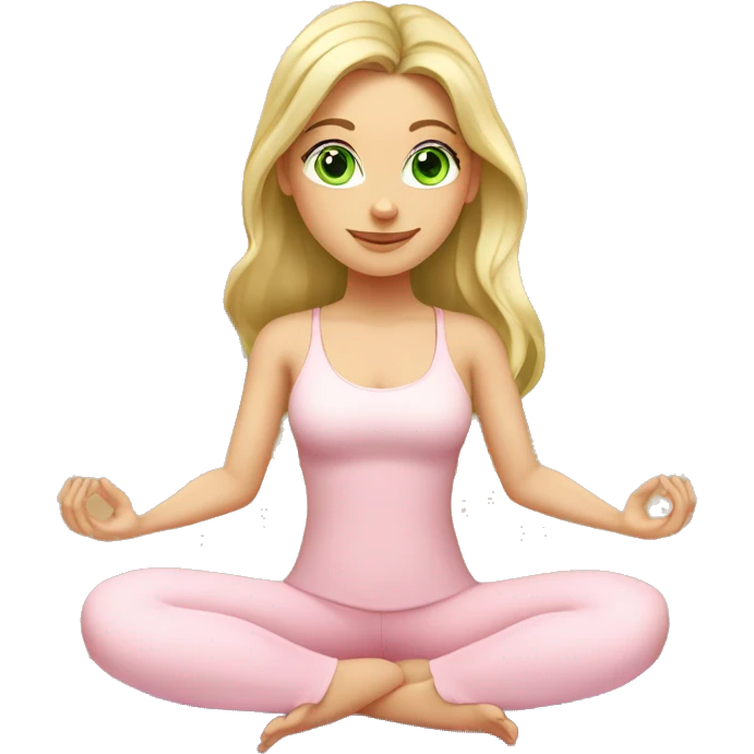 blonde long hair and green eyes yoga beautiful girl in light pink clothes sitting on a yoga mat emoji