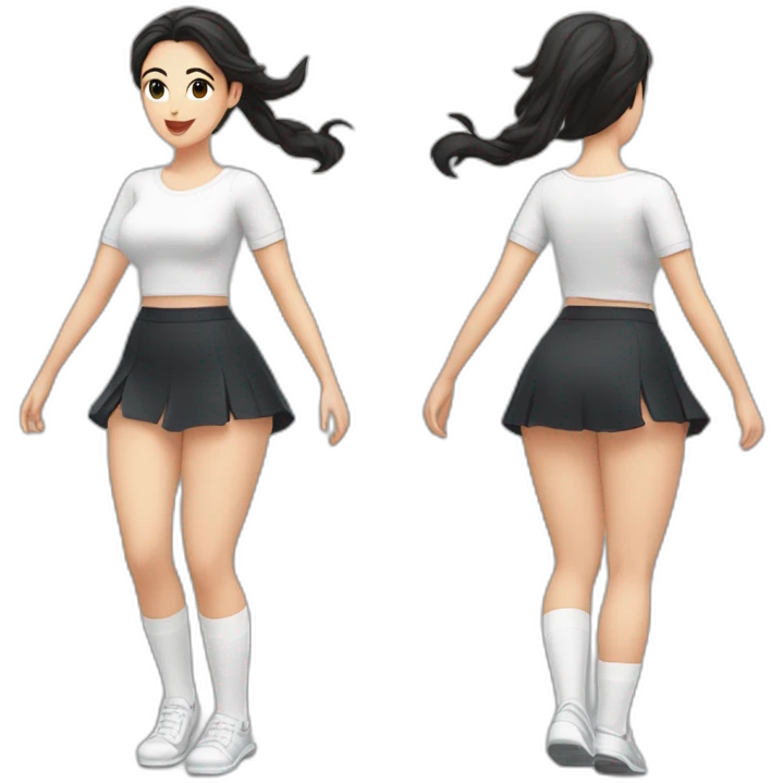 full-body-caucasian-curvy-beauty-jumping-short-black-skirt-back-and-front-views-strong-wind-white-knickers-long-white-socks emoji