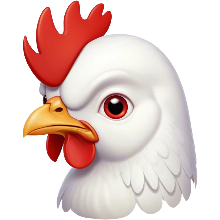 Cinematic Comical White Chicken Portrait Emoji, Head tilted dramatically with an exaggeratedly shocked or amused expression, featuring a sleek, immaculate white plumage with a prominent red comb, wide, expressive beady eyes filled with playful disbelief, Simplified yet hilariously expressive features, highly detailed, glowing with a slightly sassy glow, high shine, dramatic yet playful, stylized with an air of cheeky mischief, bright and endearing, soft glowing outline, capturing the essence of a spirited and over-the-top chicken, so meme-worthy it feels like it could cluck its way into internet fame instantly! emoji