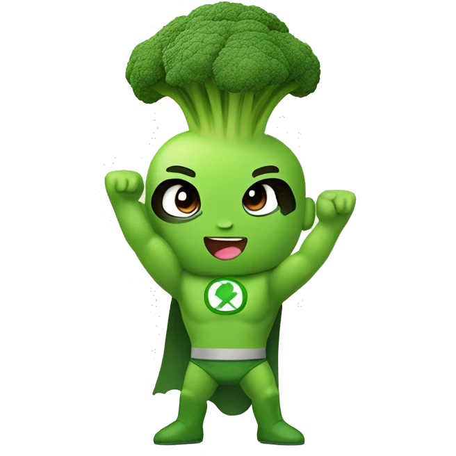kawaii cute mini superhero with green clothes and a broccoli as hair,  full body saying hello emoji