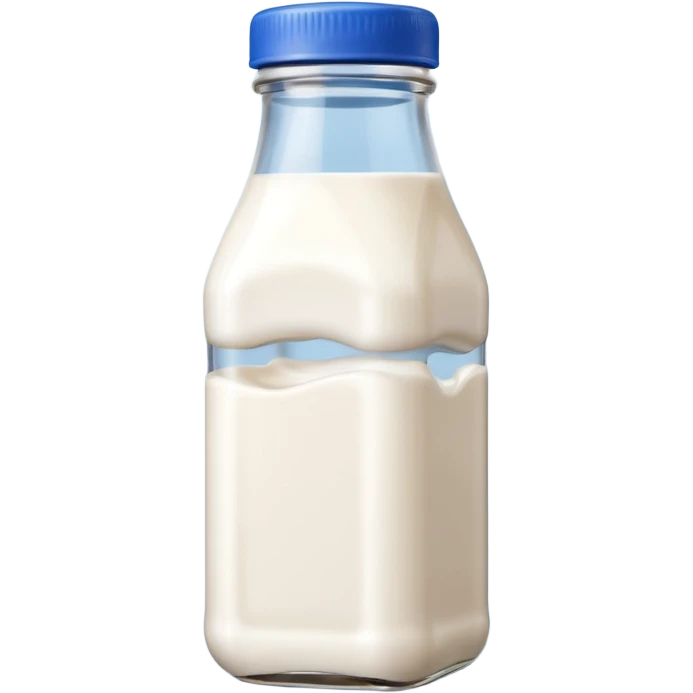 A 3D cartoon glass bottle of cow’s milk — white liquid, blue cap, clear reflections, Memoji-style rendering. emoji