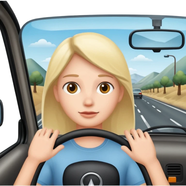 Crea un emoji con fondo transparente en PNG de una persona manejando un vehículo, que se vea desde el parabrisas frontal. emoji