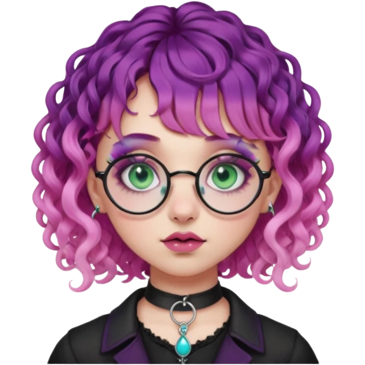 . Gothic girl with pink to violet ombré hair with pink on top, ringlet curly hair, bangs round glasses, septum piercing, nostril piercing, almond eyes, blueish green eyes,heavy eyeliner,  emoji