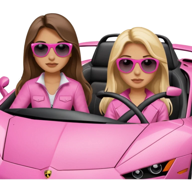 Add sunglasses Make car far away so I can see full car Car facing forward in sports car. Make hair long  two girls in car far away Front of car sitting in the seats. Make it a pink sports car. They are two baddies make it a Lamborghini pink car  emoji