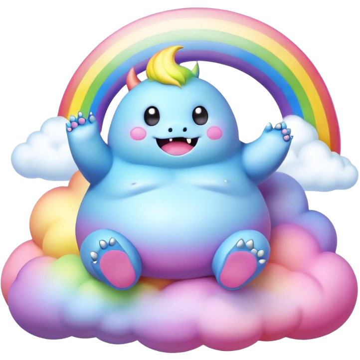 3D, Kawaii derpy fat rainbow monster sitting on a magic rainbow hued cloud, rich textures, visually detailed, so lifelike that it feels like it could leap off the page at any moment emoji