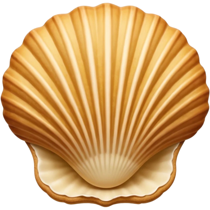 A madeleine pastry. Oval seashell shape with ONLY four to five vertical lines going in the same direction. Light golden brown. Scalloped edge. Cookie. Flat. Long. Oval shape. Lets scallops. emoji