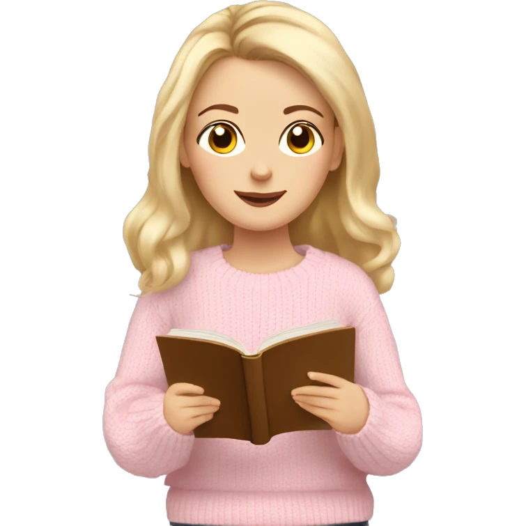 Pretty hazel eyed white girl with light pink sweater reading cozy emoji