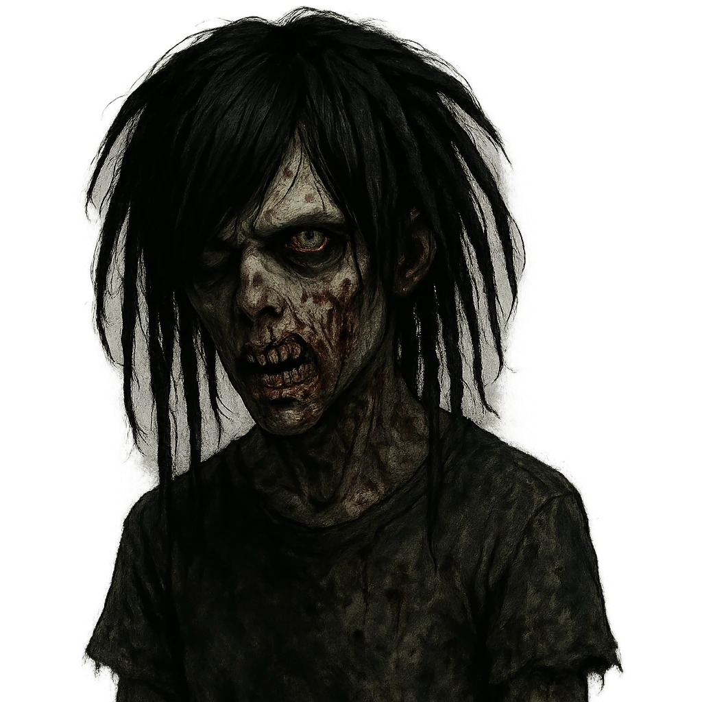 boy zombie with black medium-long emo hair with dreads, dark and spooky, creepy expression emoji
