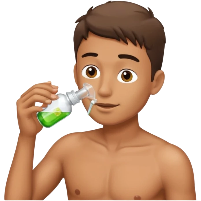 Shirtless gay male sniffing small bottle emoji