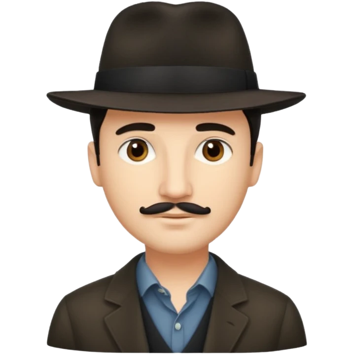 A light-skinned man with short dark hair, a thin mustache, and a black fedora, with an oval face and calm look. emoji