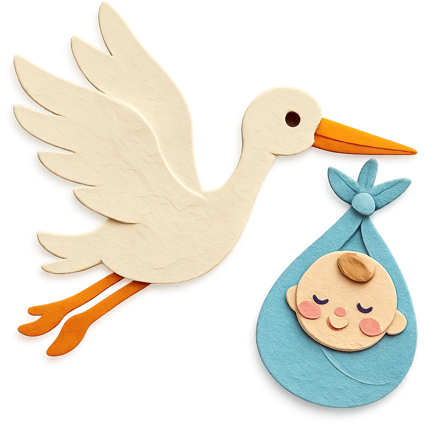 stork flying with a human baby in a bundle, paper craft style emoji