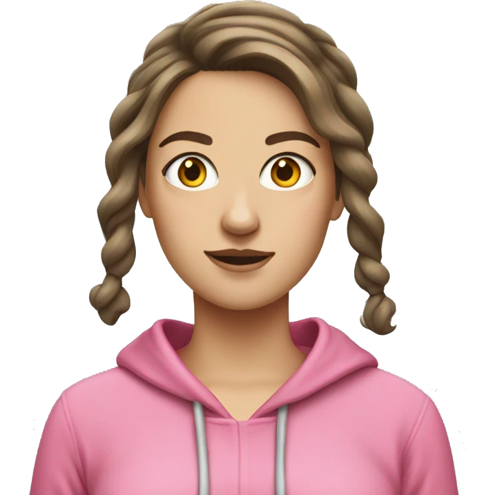 white brunette woman wearing pink hoodie with bows in her hair emoji