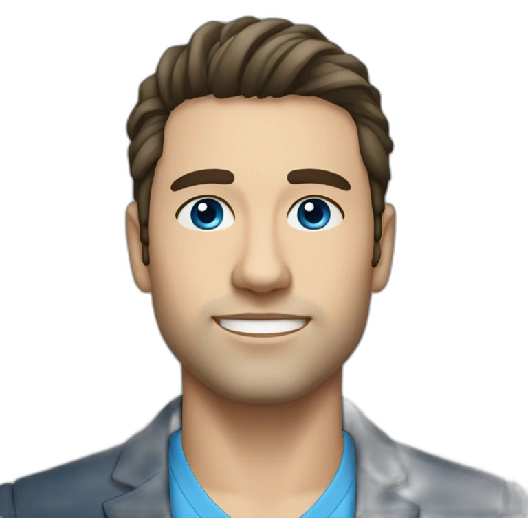 30 year old man, caucasian, black hair, blue eyes, blazer, t-shirt emoji