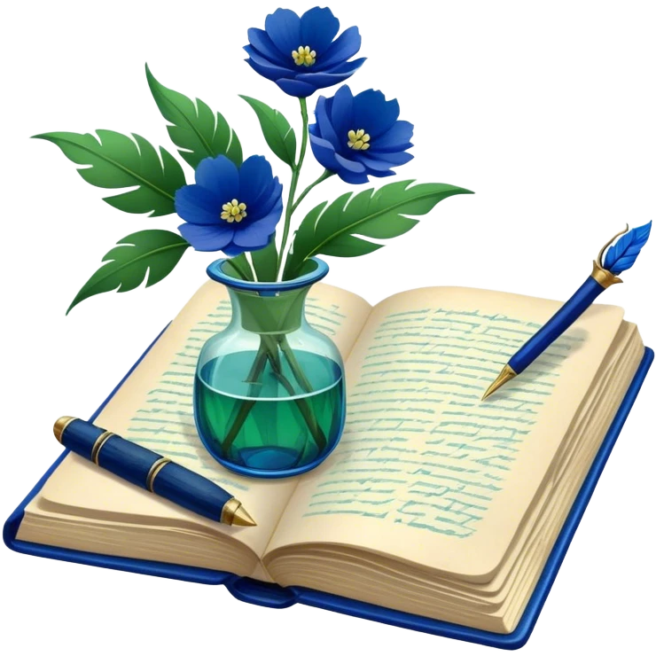 An artistic composition of an old green book with deep blue flowers in a glass vase, a quill pen resting nearby. emoji