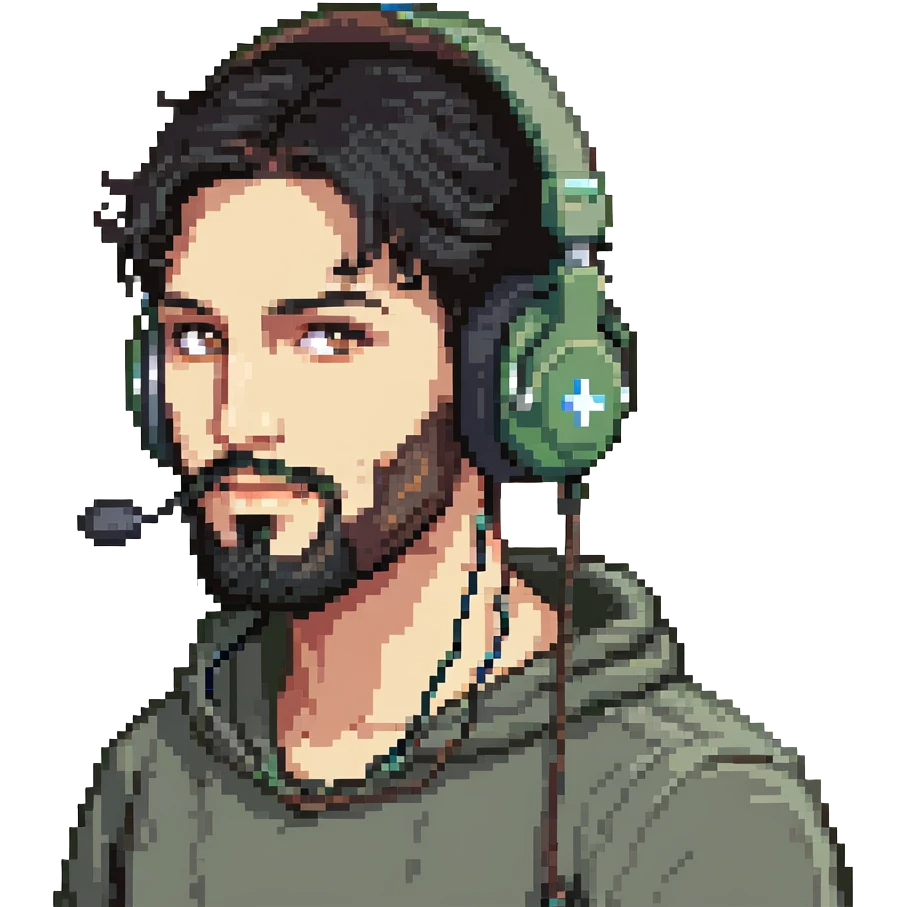 laughing man with black hair, brown eyes, black beard wearing gaming headset emoji