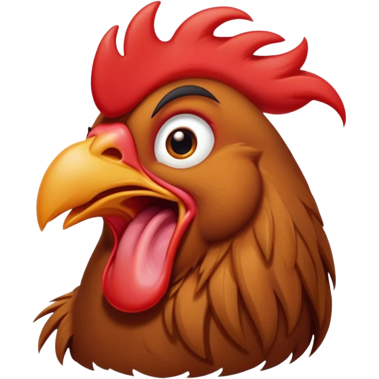 Cinematic Cute Yawning Brown Rooster Portrait Emoji, Head tilted slightly with a dramatic, wide-open yawn, showcasing a soft, downy brown plumage with a subtle red comb and drooping wings, round warm eyes barely open in drowsy contentment, Simplified yet irresistibly adorable features, highly detailed, glowing with a soft, cozy glow, high shine, relaxed yet expressive, stylized with a touch of whimsy, bright and endearing, soft glowing outline, capturing the essence of a sleepy yet affectionate rooster, so drowsy it feels like it could stretch out of the screen and curl up for a nap! emoji