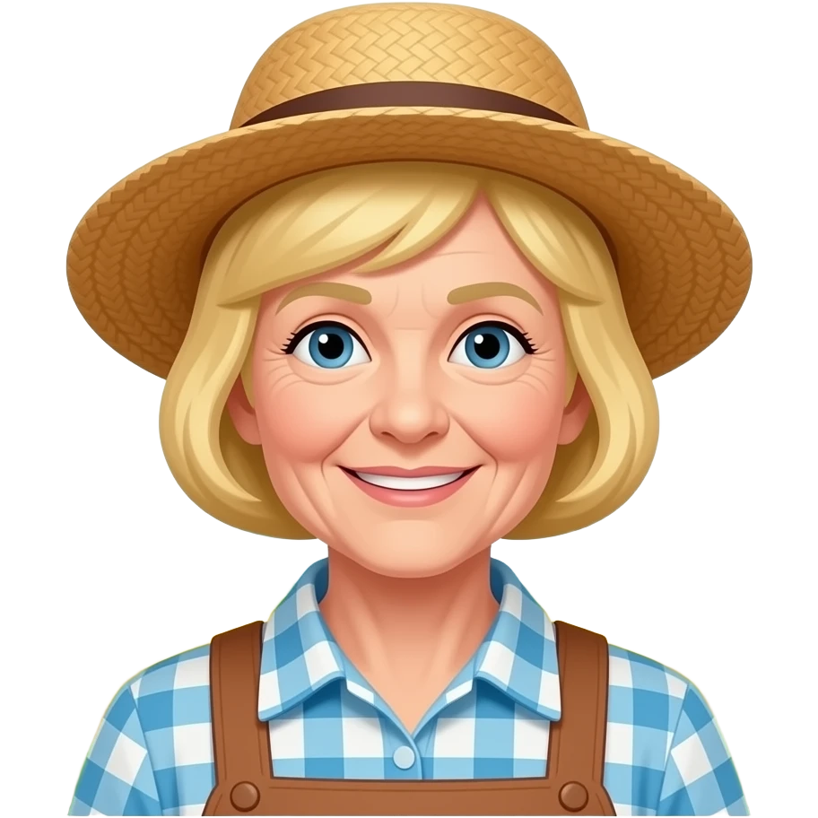 Grandma blond with straw hat standing on from ttees and fields emoji