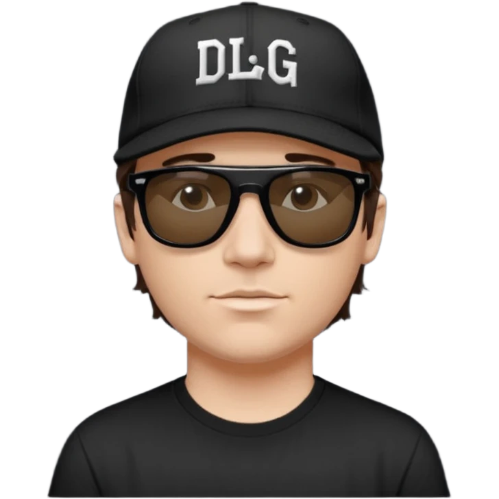 Emoji of a white man with short dark brown hair under a black baseball cap, wearing a black t‑shirt and 1980s‑style black Ray‑Ban rectangle sunglasses black lenses, with black musical notes floating around his head,  word "DLG" written on the hat emoji