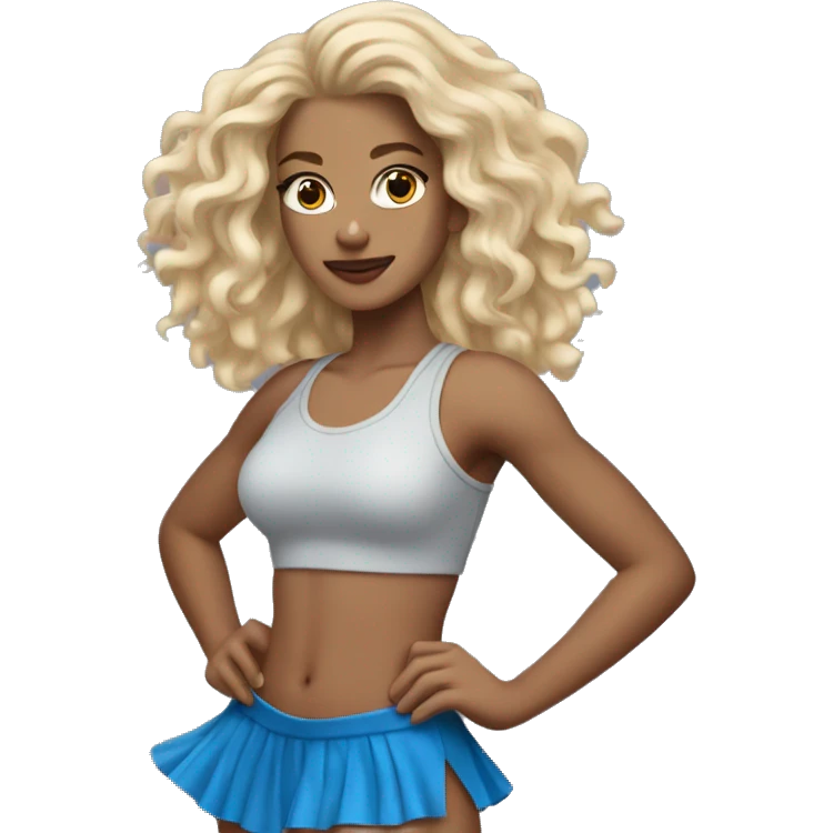 Dancer with Blue miniskirt and blue tank top with blond wavy long hair. Holding silver pin poms.  emoji