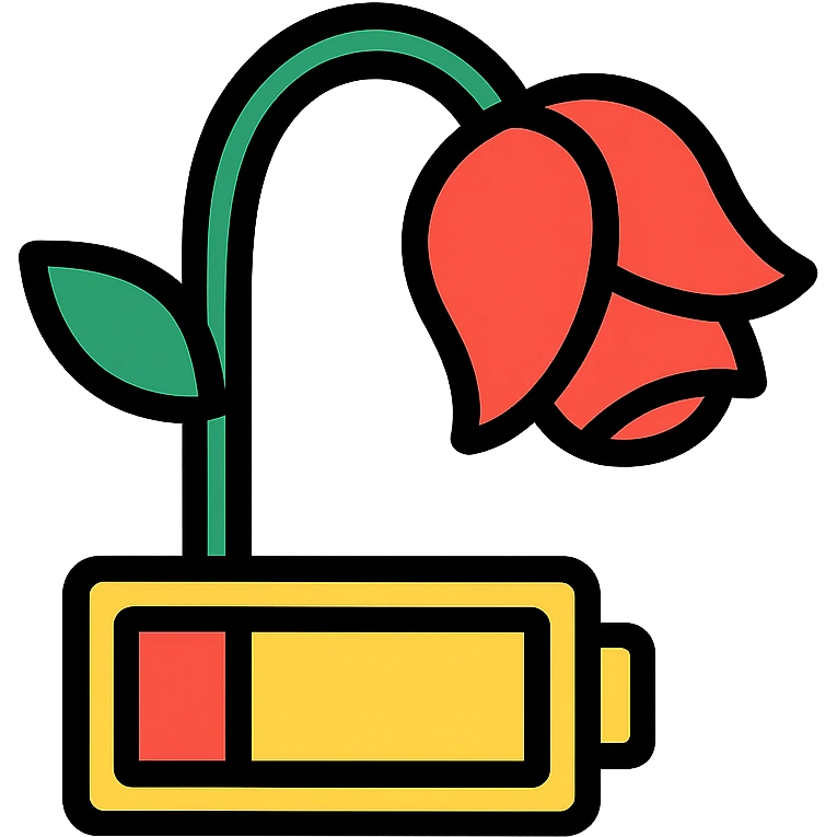 Combined icon of a wilted rose flower with a low battery symbol incorporated into the stem emoji