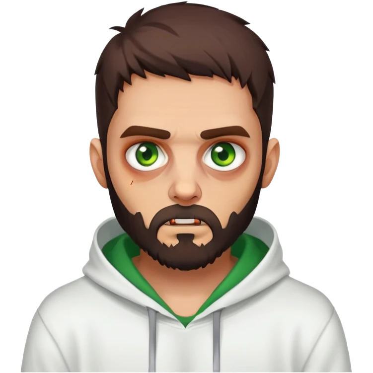 zombie making peace sign, undercut hairstyle with dark brown hair, short full beard, heterochromia with one green eye and one brown eye, wearing plain white hoodie emoji