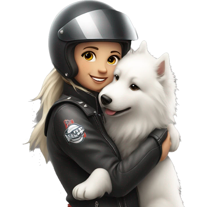 Biker girl with a agv helmet  hugging a Samoyed emoji